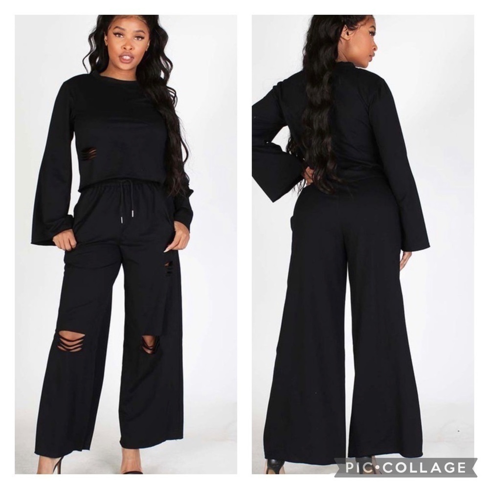 Black 2 Piece Slightly Distressed Pants & Top - Picture 2 of 5